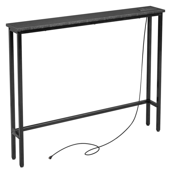 39.4" Narrow Console Sofa Table with Power Outlets and USB Ports, Skinny Couch Table with Metal Frame and Charge Station with 4.9ft Extension Cord, Black-2
