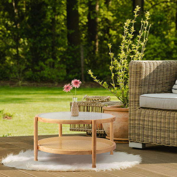 31.5in Rattan Coffee Table with Glass Top, Round End Table, Boho Style Side Table Sofa End Table for Living Room Balcony Patio, Natural-5