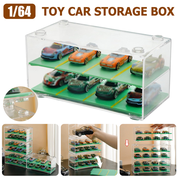 Clear Acrylic Display Case 2-Layer w/Parking Space For 1/64 Scale Toy Model Cars-3
