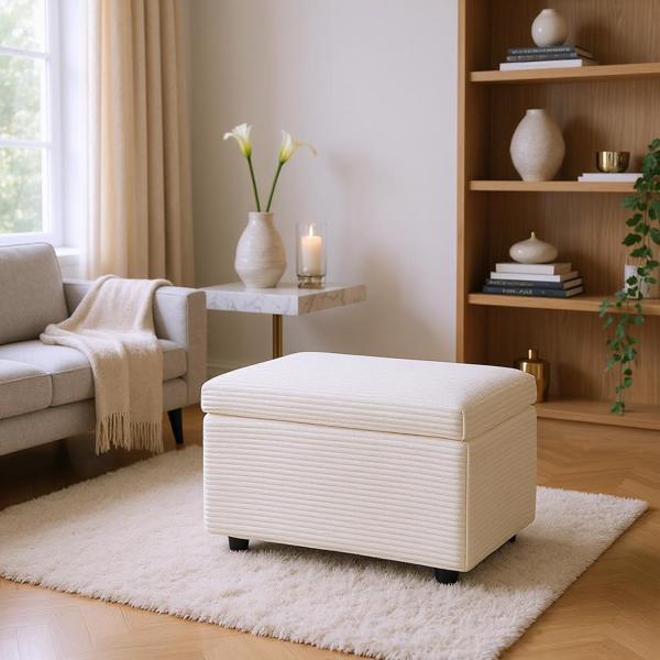 Beige Corduroy Upholstered Storage Ottoman with Black Round Rubber Feet – 63×43×43cm, Hidden Storage with Soft Seating-6