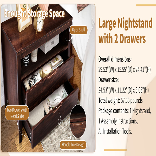 Brown P2 density board + solid wood veneer frame 75*40*61CM two drawers with upper compartment bedside table mid-century modern-13