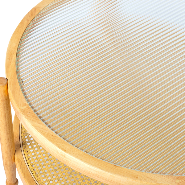 31.5in Rattan Coffee Table with Glass Top, Round End Table, Boho Style Side Table Sofa End Table for Living Room Balcony Patio, Natural-3