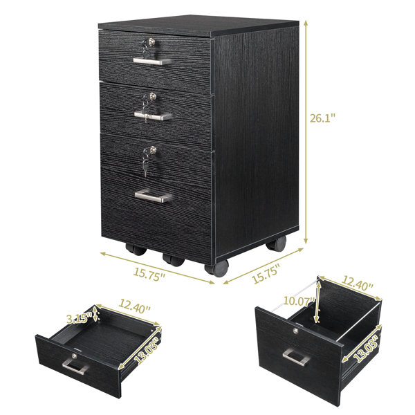 Black Wood Grain Density Board Three Drawers Wooden Filing Cabinet-12