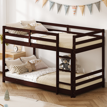 Brown painted pine twin wooden bed with head and tail cross rails, can be split into single bed or bunk bed