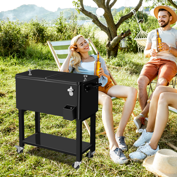 80 Quart Rolling Ice Chest, Portable Bar Drink Cooler with Catch Basin, Bottom Storage Tray and Bottle Opener for Patio Party BBQ Beach Activities-15