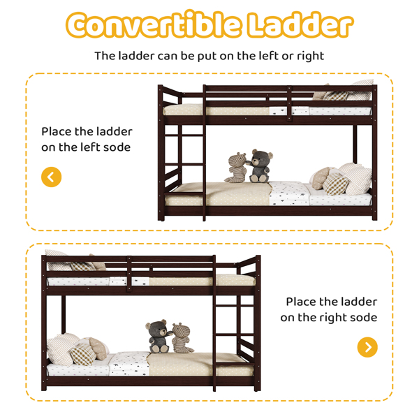 Brown painted pine twin wooden bed with head and tail cross rails, can be split into single bed or bunk bed-8