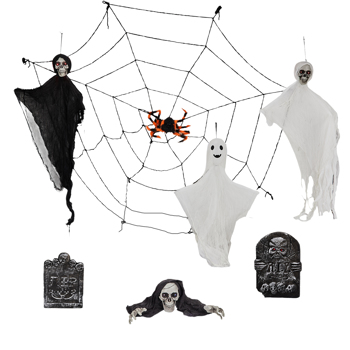 Outdoor Halloween Decorations 8-Piece Set, Hanging Ghosts Decor and Cobweb and Gravestone with Lighted Up Eyes, Scary Swinging Ghost Flying for Yard Patio Lawn Garden