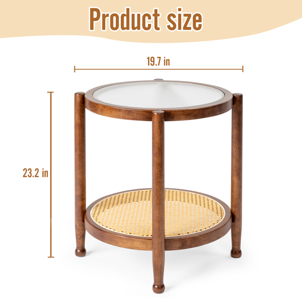 19.7in Rattan Coffee Table with Glass Top, Small Round End Table, Boho Style Side Table Sofa End Table for Living Room Balcony Patio, Walnut-12