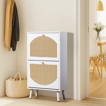 2 dump buckets with high-leg arched rattan shoe cabinet particle board + plastic rattan 54*24*98cm white frame + original wood rattan surface + white high-leg shoe cabinet