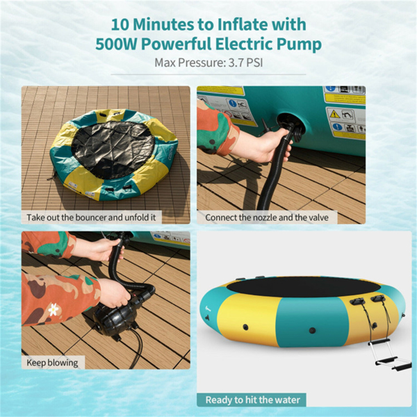 10 Feet Floating Water Trampoline - 330 lbs Capacity, Durable PVC/Oxford Cloth, with 500W Inflator & Accessories -10