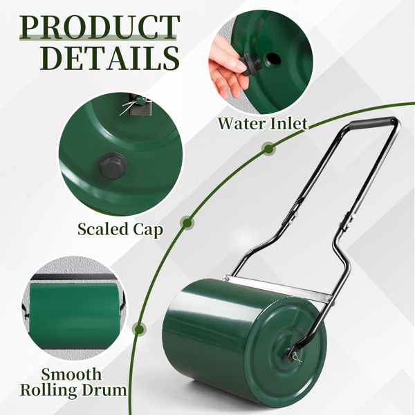 16in Heavy Duty Steel Lawn Roller, Garden Roller Can Be Filled with Water or Sand, Hand Roller with U-shaped Handle, Green & Black-17