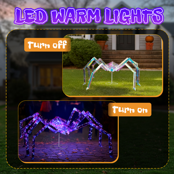 3FT Halloween Decorations Light Up Spider, Outdoor Halloween Decor Lighted Iridescent Spider, Weather Proof Pre-lit Spider with 340 LED Lights, for Front Yard Porch Gardens Lawns Party-8
