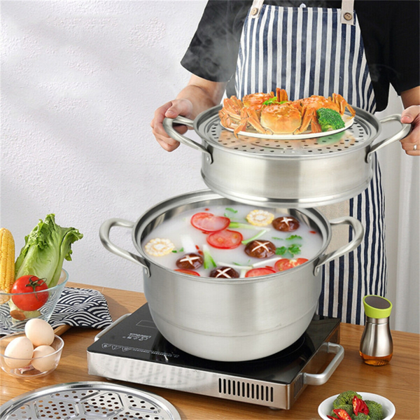 Stainless Steel Multi-Cook Steamer - 3-Tier Design with Reflux Steaming Grids, 8QT Bottom Pot, Tempered Glass Lid-12