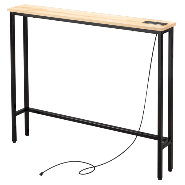 39.4" Narrow Console Sofa Table with Power Outlets and USB Ports, Skinny Couch Table with Metal Frame and Charge Station with 4.9ft Extension Cord, Oak-2