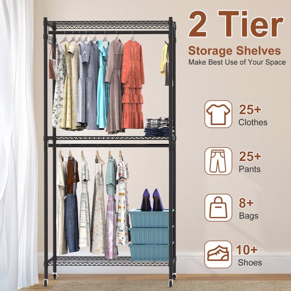 2 Tier Clothing Rack With Cover Portable Wardrobe Closet Covered Garment Rack with 4 Wheels 2 Hanging Rods 2 Hook Racks 35.43x17.13x72.44in-8