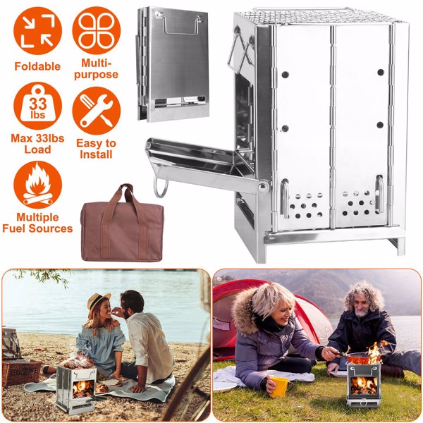 Foldable Camping Wood Burning Stove with Grill, Camp Stove Collapsible Backpacking Survival Stove Stainless Steel Campfire Stove for Outdoor Cooking Picnic Hiking BBQ (Sliver-Large)-1