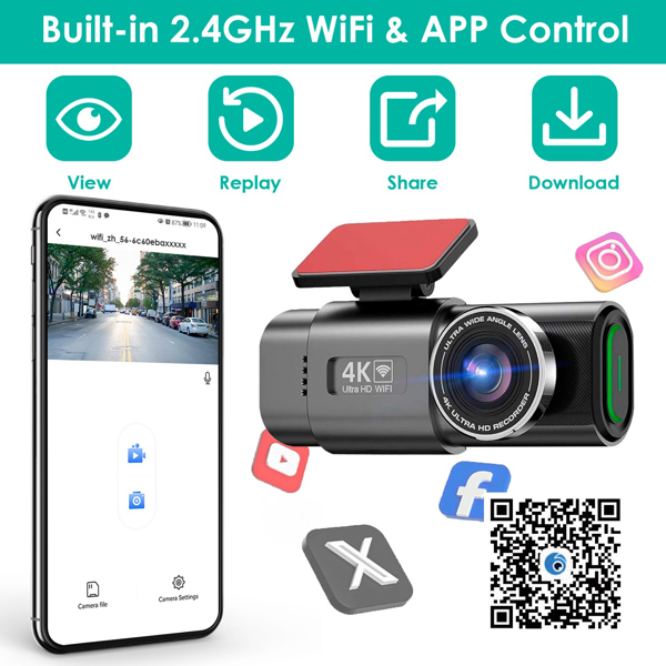 4K+1080P Dual Dash Cam Front & Rear with WiFi & Free 64 GB Card | 140°/120° Wide-Angle Loop Recording | G-Sensor & Night Vision | Mini Aluminum Alloy Car Camera, Easy Install-4