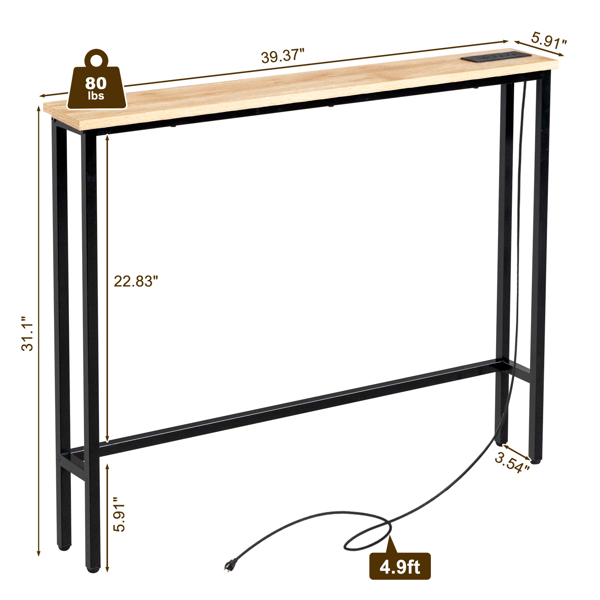 39.4" Narrow Console Sofa Table with Power Outlets and USB Ports, Skinny Couch Table with Metal Frame and Charge Station with 4.9ft Extension Cord, Oak-9
