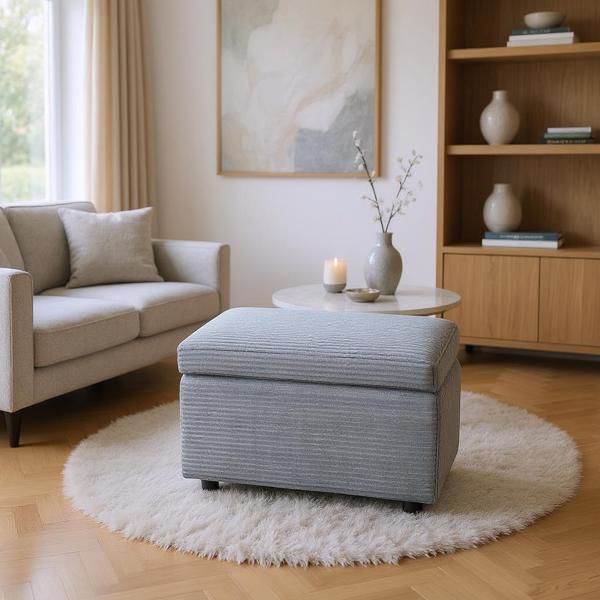 Dark Gray Corduroy Upholstered Storage Ottoman with Black Round Rubber Feet – 63×43×43cm, Hidden Storage with Soft Seating-2