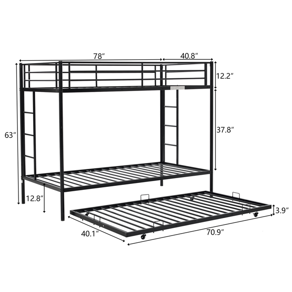 【Replace 85463179】Twin Over Twin Bunk Bed with Trundle, Triple Bunk Beds for Kids Teens Adults, Metal Bunk Bed with Two Side Ladder and Guardrails, Black-2