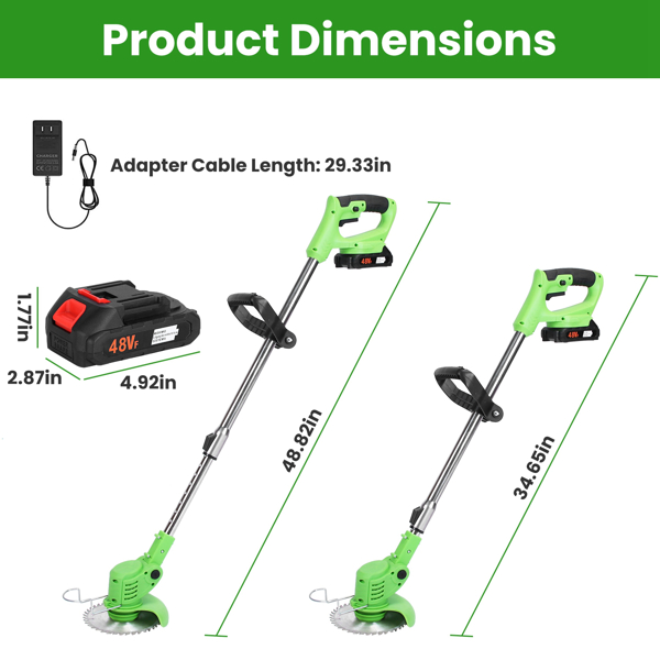 24V 300W Cordless Grass Trimmer Rechargeable Lawn Mower 18000M/Min Weed Cutter with Saw Blade 2 Stainless Steel Blades 10 Plastic Blades 2 Rechargeable Batteries Goggles Gloves-11