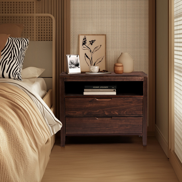 Brown P2 density board + solid wood veneer frame 75*40*61CM two drawers with upper compartment bedside table mid-century modern-20