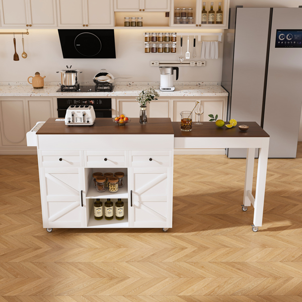 74.8" Kitchen Island with Extendable Dining Table & Power Outlet - Rolling Storage Cart on Wheels with 3 Drawers & 2 Door Cabinet for Dining Room, White-11