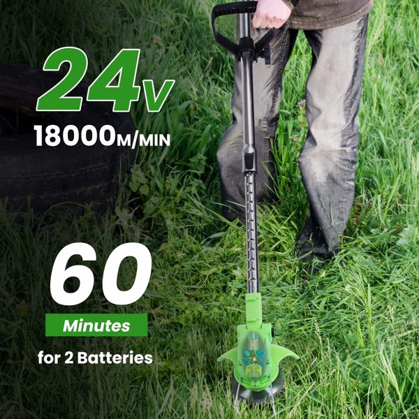 24V 300W Cordless Grass Trimmer Rechargeable Lawn Mower 18000M/Min Weed Cutter with Saw Blade 2 Stainless Steel Blades 10 Plastic Blades 2 Rechargeable Batteries Goggles Gloves-9