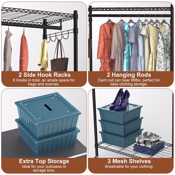 2 Tier Clothing Rack With Cover Portable Wardrobe Closet Covered Garment Rack with 4 Wheels 2 Hanging Rods 2 Hook Racks 35.43x17.13x72.44in-7