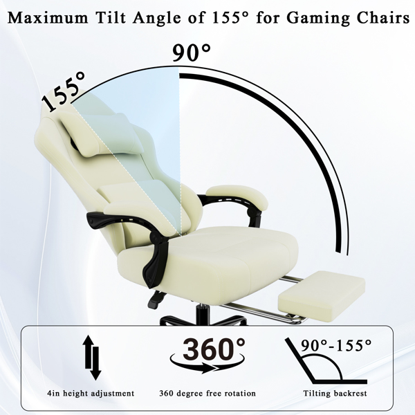 Ergonomic Gaming Chair, Video Game Chair with Massage Lumbar Support and Footrest, Height Adjustable Fabric Computer Chair with Pocket Spring Cushion, White-4