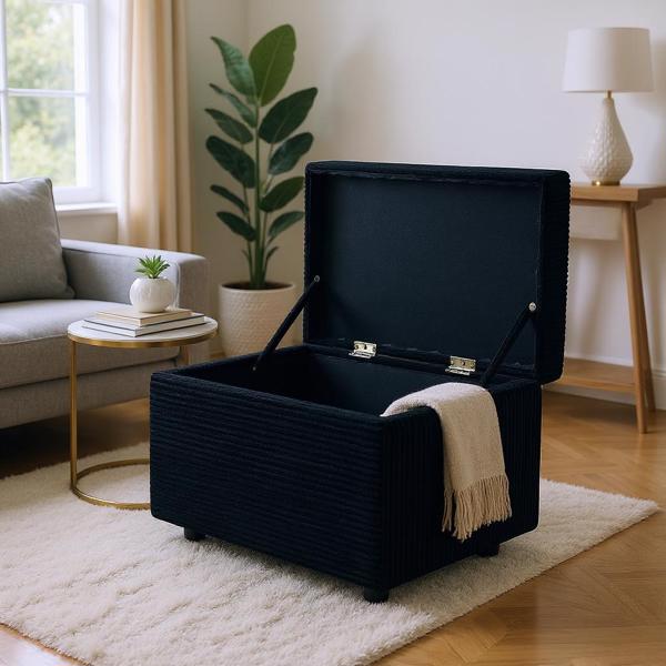 Black Corduroy Upholstered Storage Ottoman with Black Round Rubber Feet – 63×43×43cm, Hidden Storage with Soft Seating-4