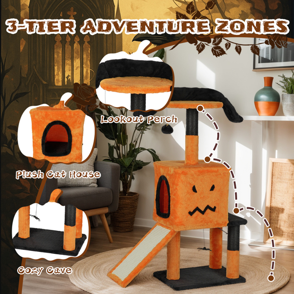 39.4" Halloween Cat Tree, Cat Tower Cat Tree for Indoor Cats with Spacious Cat Condo, Sisal Scratching Posts, Hanging Toys, Orange & Black-4