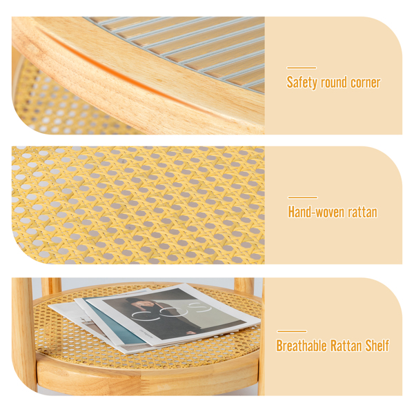 19.7in Rattan Coffee Table with Glass Top, Small Round End Table, Boho Style Side Table Sofa End Table for Living Room Balcony Patio, Natural-18