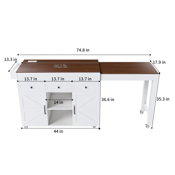 74.8" Kitchen Island with Extendable Dining Table & Power Outlet - Rolling Storage Cart on Wheels with 3 Drawers & 2 Door Cabinet for Dining Room, White-5