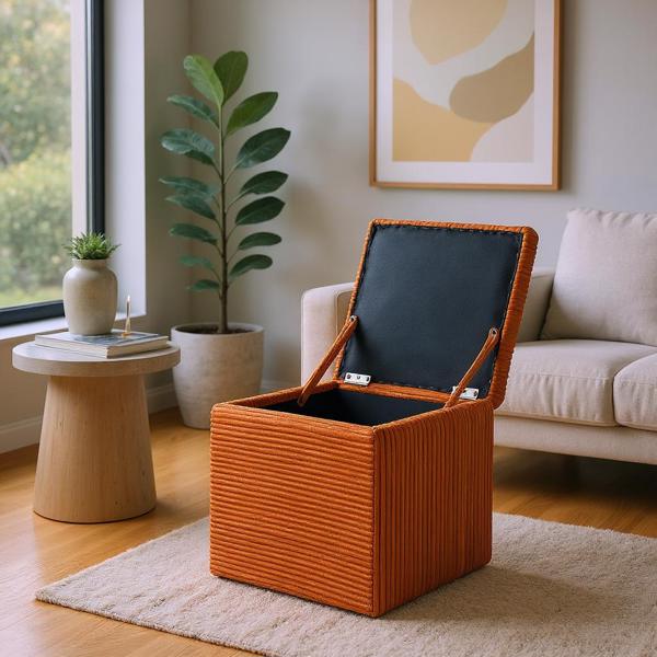Orange Corduroy Storage Ottoman with Rubber Feet – Compact Soft Cube Seat, 42×42×44cm-4