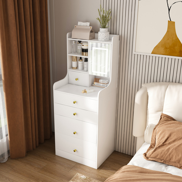 3-in-1 Dressing Table with LED Mirror & Storage Stool - Compact Makeup Vanity with 4 Drawers, Storage Cabinet & Hidden Stool, White Density Board Design, Open Bookshelf for Bedroom Organization-6