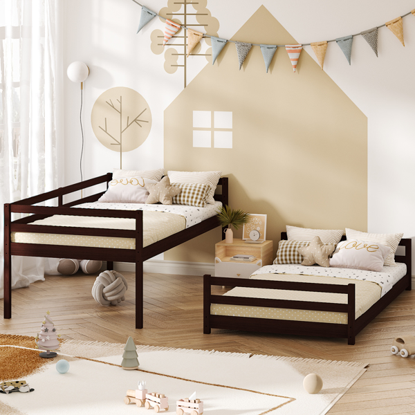 Brown painted pine twin wooden bed with head and tail cross rails, can be split into single bed or bunk bed-2