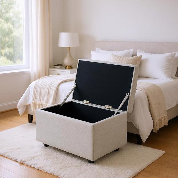 Light Gray Linen-Textured Storage Ottoman with Rubber Feet – 63×43×43cm Bench for Entryway, Bedroom or Living Room-3