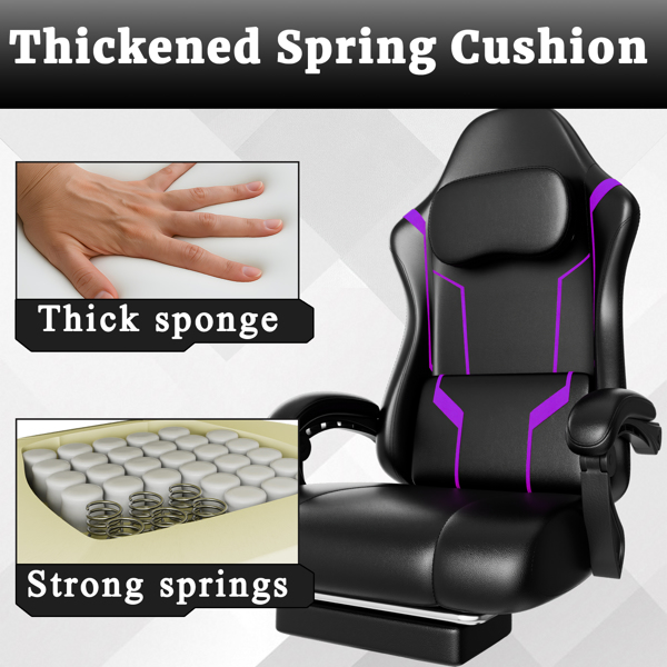 Ergonomic Gaming Chair, Video Game Chair with Pocket Spring Cushion and Footrest, Height Adjustable Computer Chair with Swivel Seat and Headrest (Faux Leather, Purple)-5