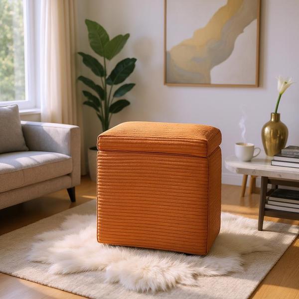 Orange Corduroy Storage Ottoman with Rubber Feet – Compact Soft Cube Seat, 42×42×44cm-2