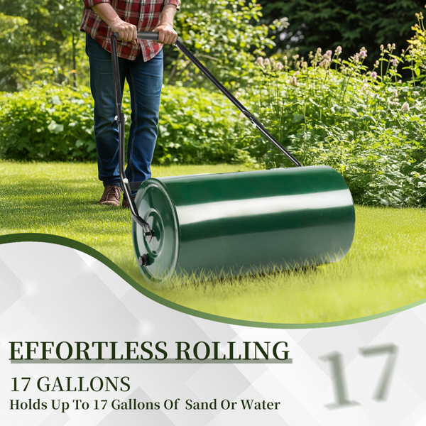 24in Heavy Duty Steel Lawn Roller, Garden Roller Can Be Filled with Water or Sand, Hand Roller with U-shaped Handle, Green & Black-14