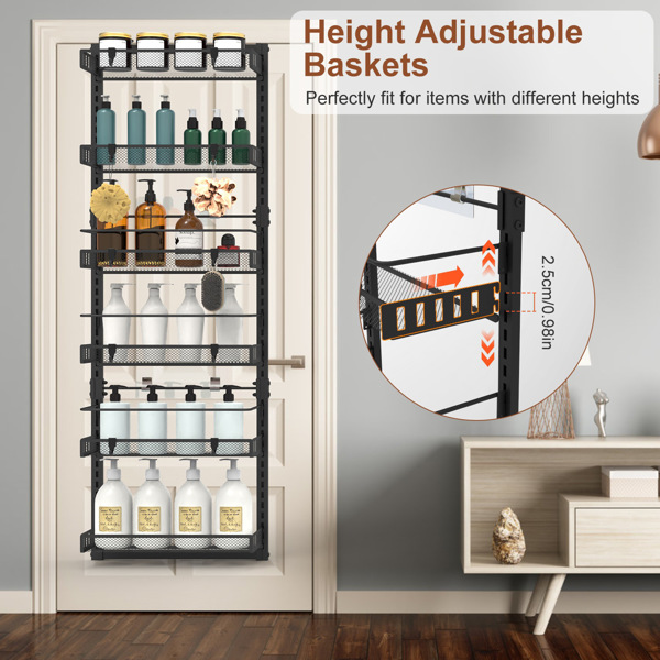 6-Tier Over the Door Pantry Organizer, Large Metal Door Spice Rack, Hanging Heavy-Duty Pantry Door Storage Shelf  10LBS Loading Easy Install Behind Door Storagefor Kitchen and Bathroom, Black-7