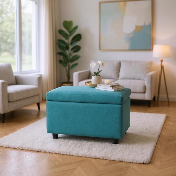 Blue Linen-Textured Storage Ottoman with Rubber Feet – 63×43×43cm Bench for Entryway, Bedroom or Living Room-1