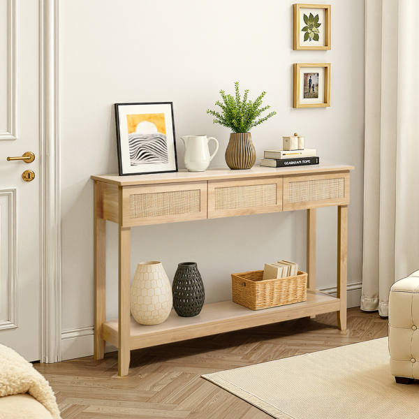 Boho Style Rattan Console Table with 3 Drawers and Open Storage Shelf, Entryway Table Narrow Long Sofa Table Hallway Foyer Table Behind Couch Table, Natural Wood-7