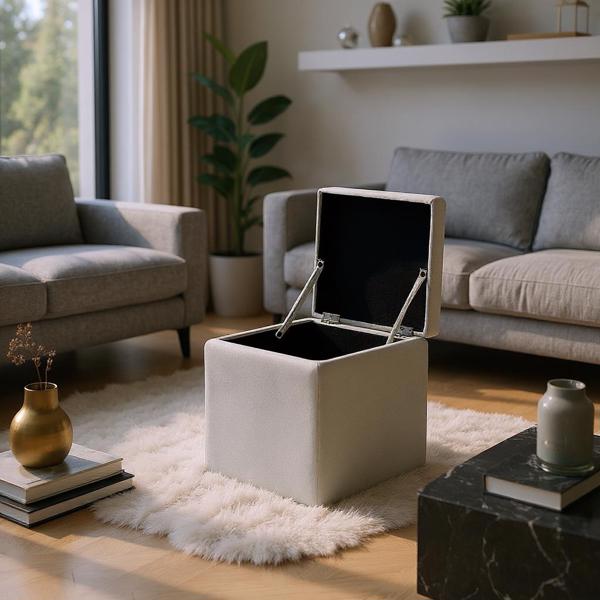 Gray Linen-Textured Storage Ottoman with Black Rubber Feet – Compact Square Seat with Hidden Storage, 42×42×44cm-3