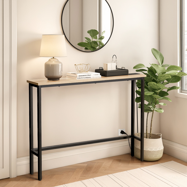 39.4" Narrow Console Sofa Table with Power Outlets and USB Ports, Skinny Couch Table with Metal Frame and Charge Station with 4.9ft Extension Cord, Oak-7