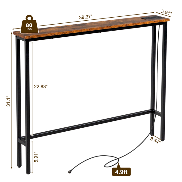 39.4" Narrow Console Sofa Table with Power Outlets and USB Ports, Skinny Couch Table with Metal Frame and Charge Station with 4.9ft Extension Cord, Rustic Brown-9