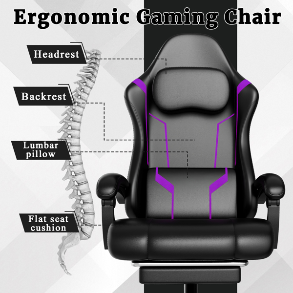 Ergonomic Gaming Chair, Video Game Chair with Pocket Spring Cushion and Footrest, Height Adjustable Computer Chair with Swivel Seat and Headrest (Faux Leather, Purple)-3