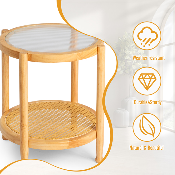 19.7in Rattan Coffee Table with Glass Top, Small Round End Table, Boho Style Side Table Sofa End Table for Living Room Balcony Patio, Natural-16