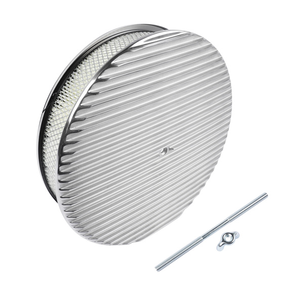 14" x 3" 14 Full Finned Aluminum Round Air Cleaner Air Filter Kit Polished with a Recessed Base and Paper Element Fits Single Quad Carburetors with 5-1/8" Neck 5" Steel Mounting Stud-5